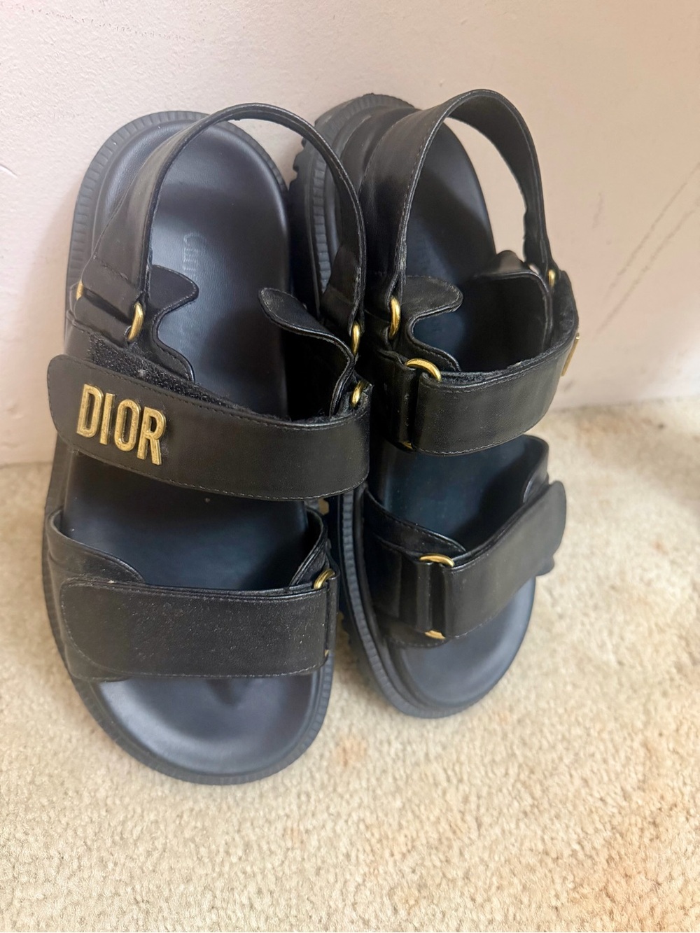 Dior Kids Black Leather Sandals with Gold Hardware